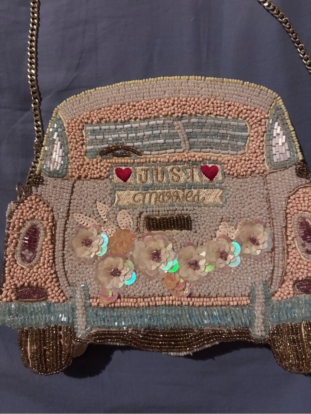 Beaded 'Just Married' Floral Wedding Crossbody Bag in Blush Pink